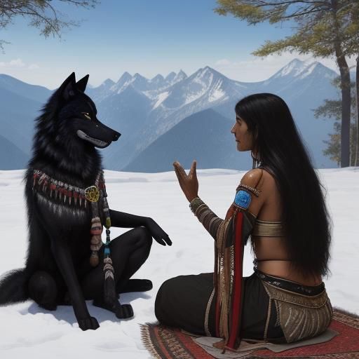 Black Wolf and Indian Healer in Mountains