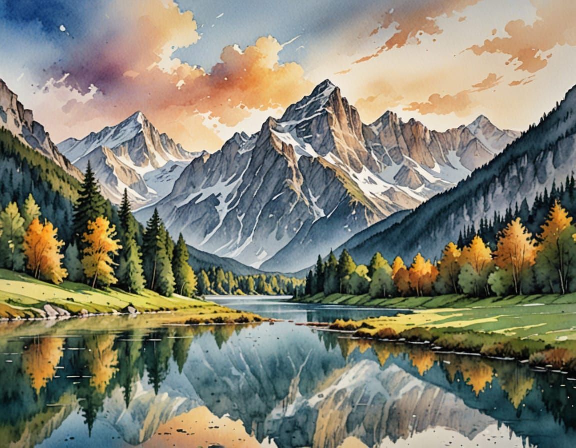 Alpine Majesty: Whimsical Watercolor Zugspitze at Sunrise