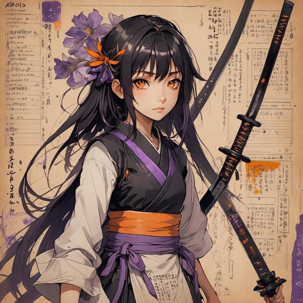 Girl with Katana Stares at Character Sheet in Manga Style
