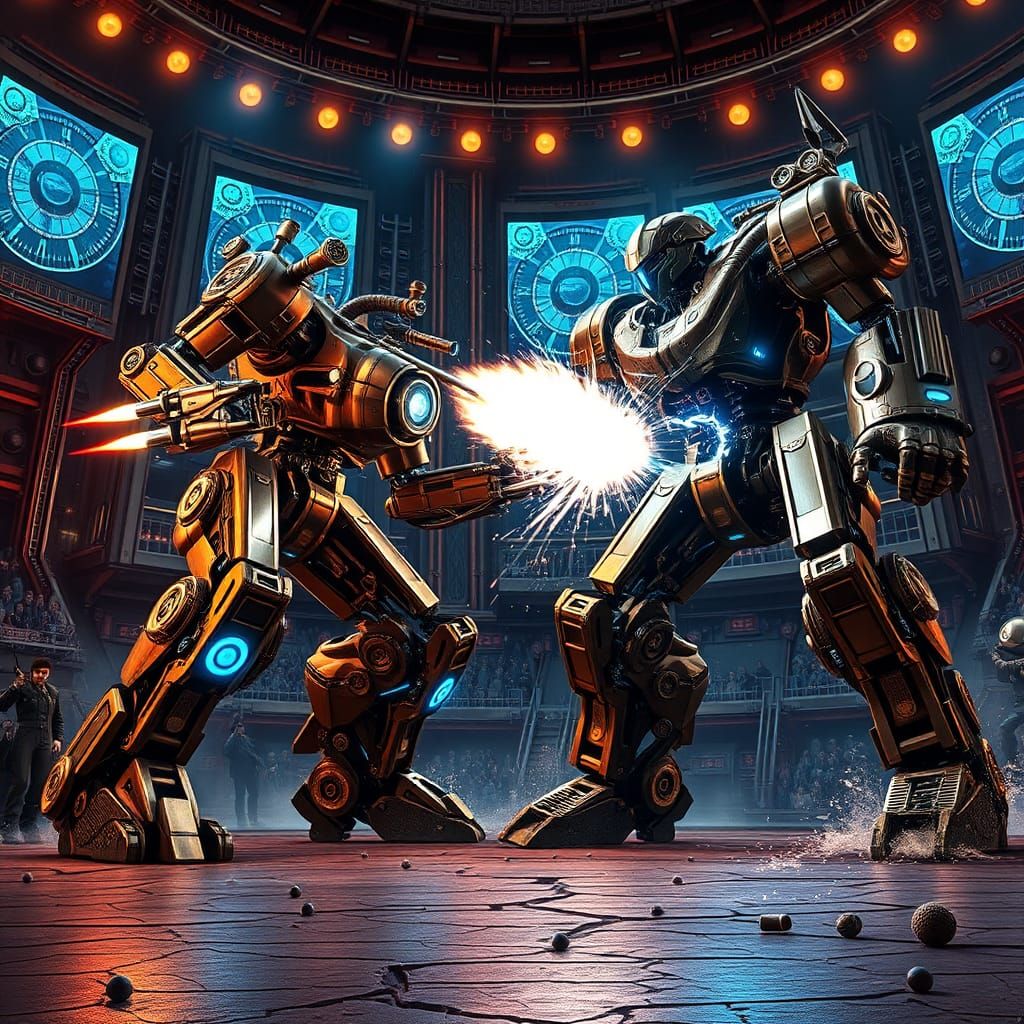 Two colossal mecha robots locked in combat within a futurist...