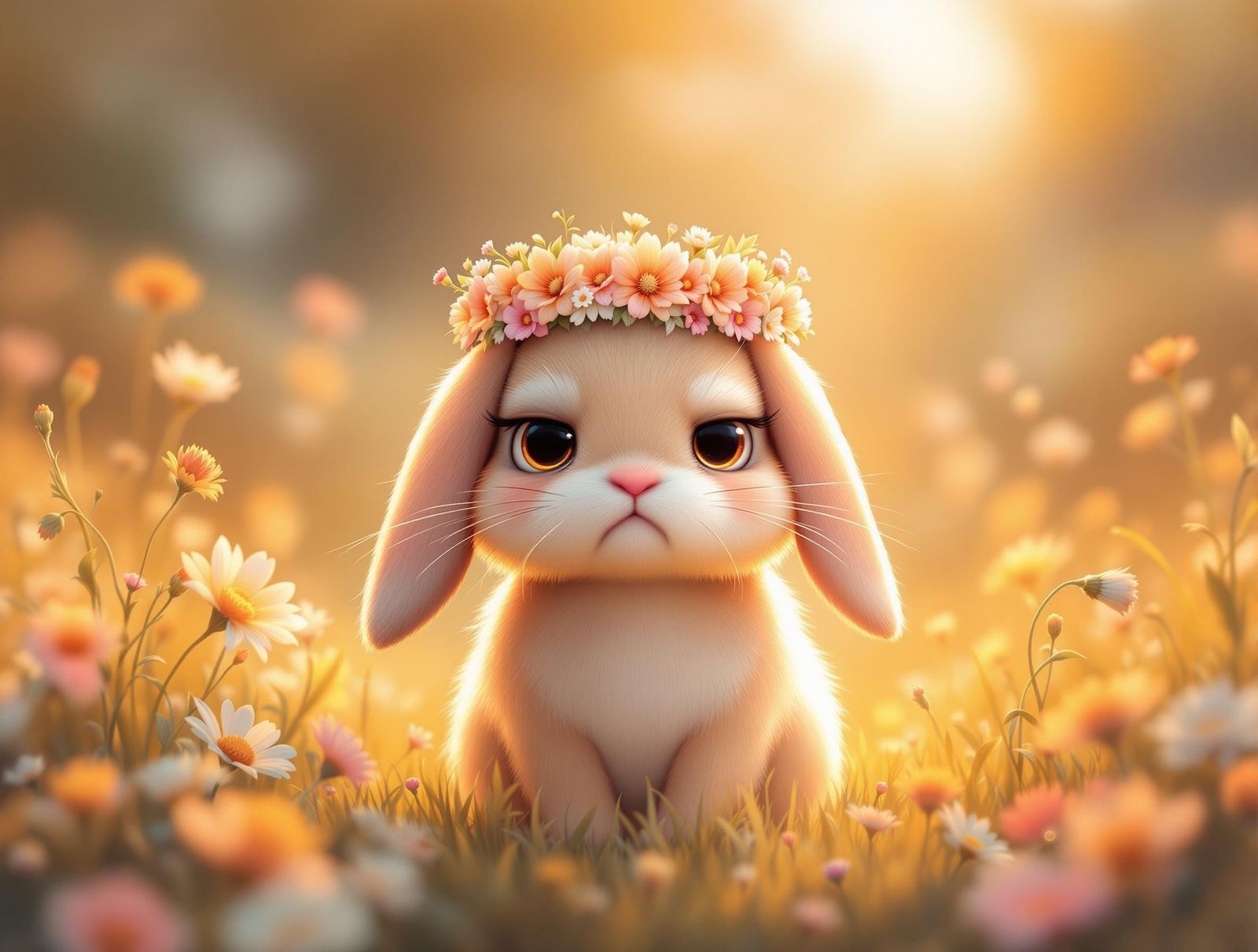 Grumpy Rabbit with Floral Crown in Kawaii Style