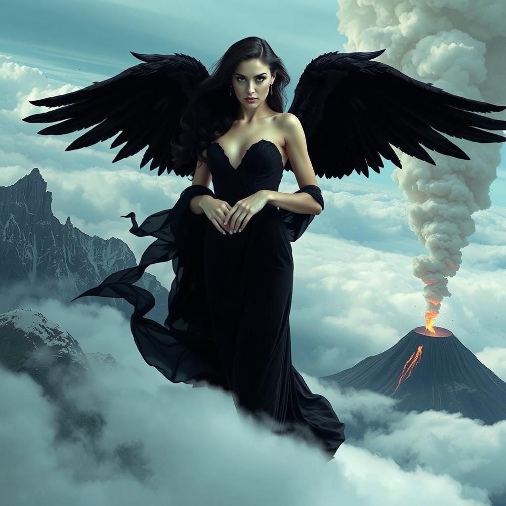 Dreamy Devil Woman Flying Over Mountains