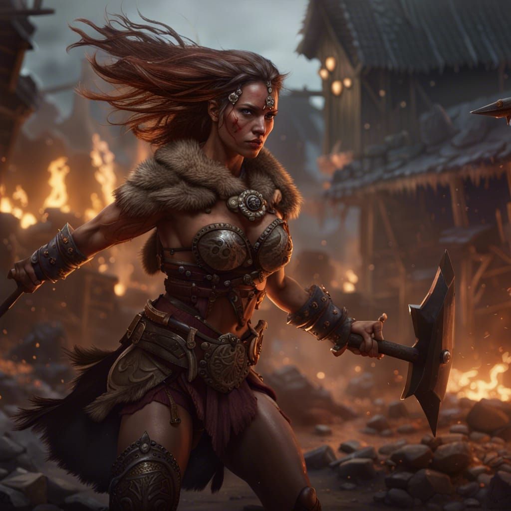 Barbarian Woman Defending Village in Dark Fantasy Style