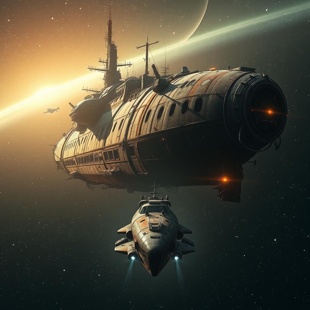 Prompt: Derelict spaceship floating in a vast, starry space,...