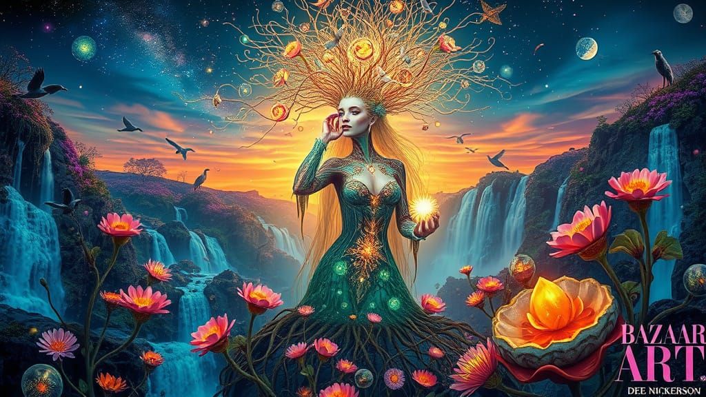 Bioluminescent Garden with Mirrored Roots and Glowing Woman