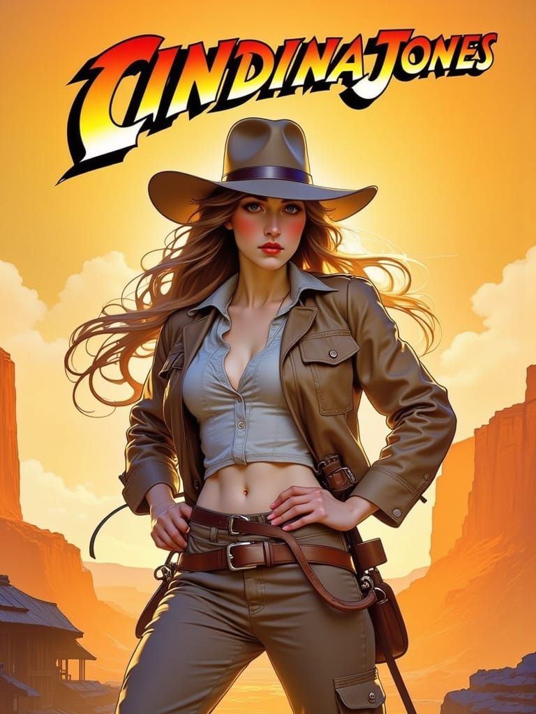 Daring Female Adventurer Indiana Jones in Art Nouveau Style