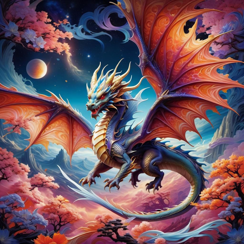 Mythical Dragon Spreading Wings in Space