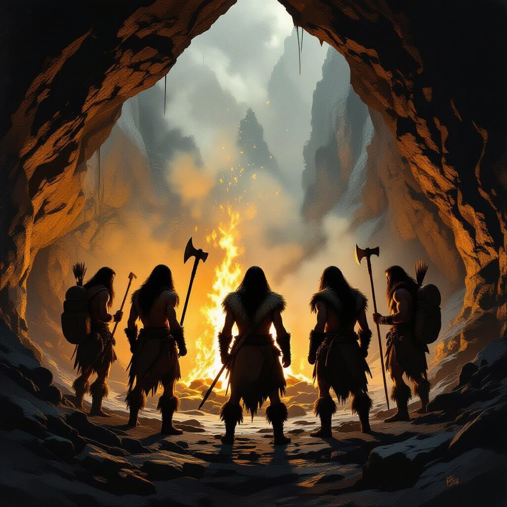 Prehistoric Humans at Cave Chasm Edge by Torchlight