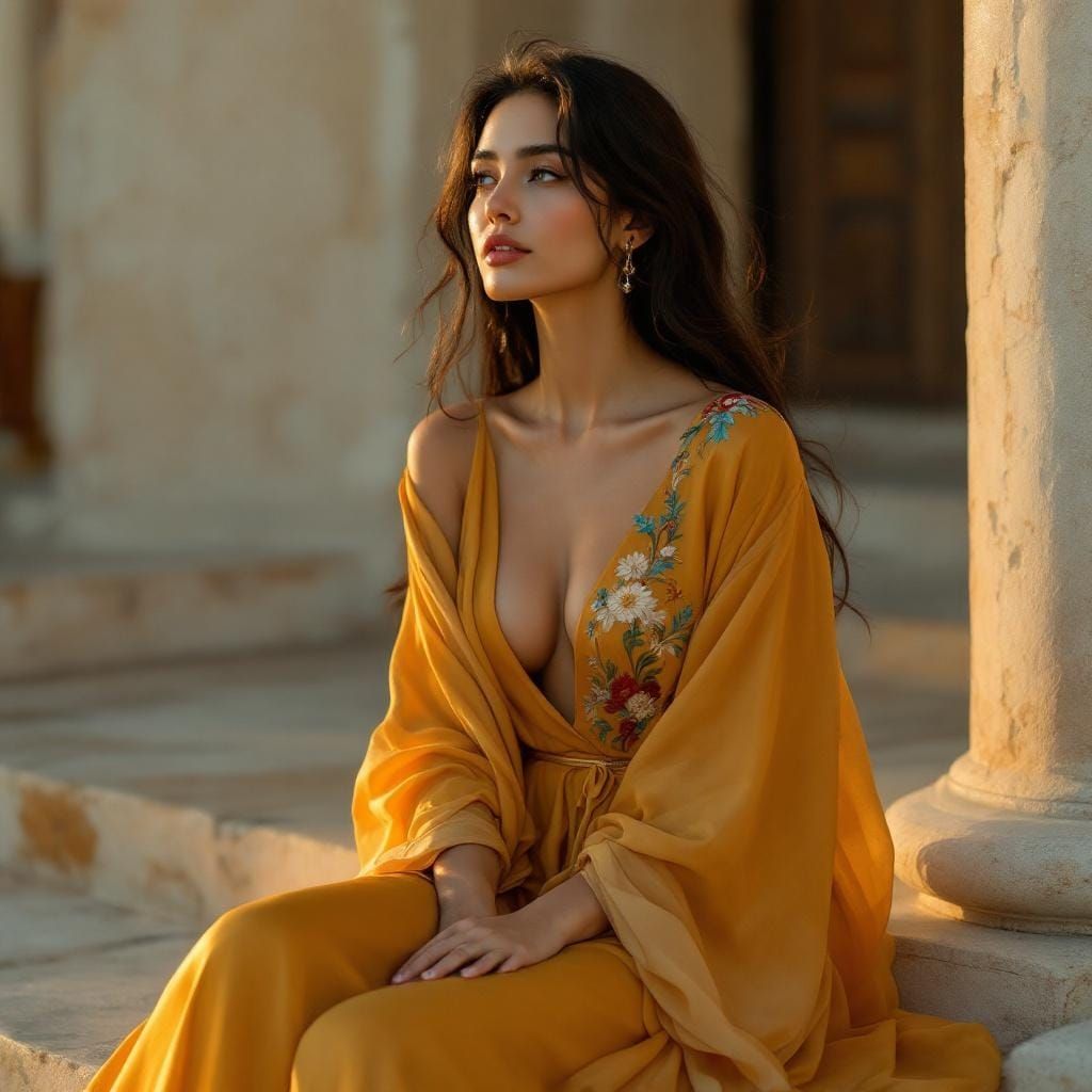 Iranian Woman in Saffron Gown at Golden Hour