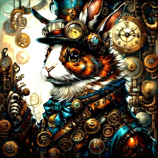 Steampunk Rabbit Tinkerer in Cozy Workshop