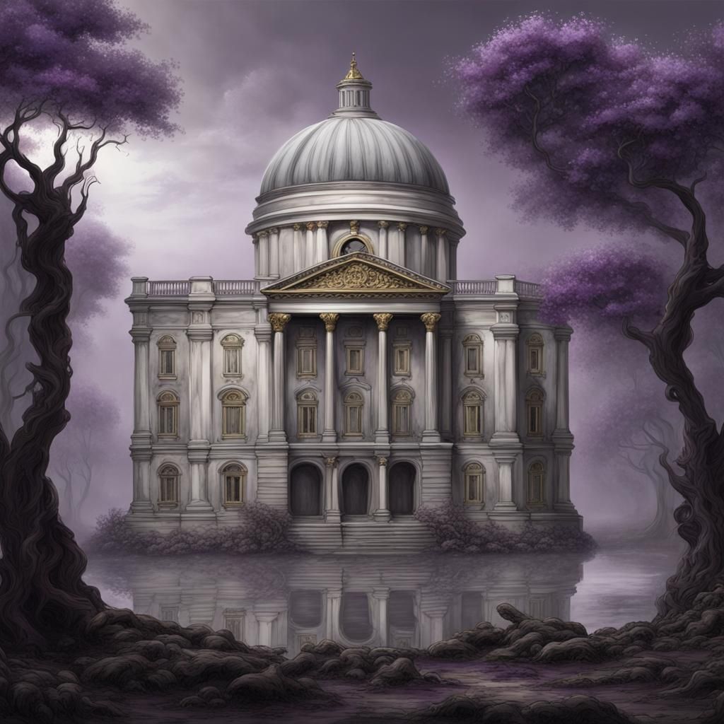 Fungal Palladian Building in Sombre Fantasy Landscape