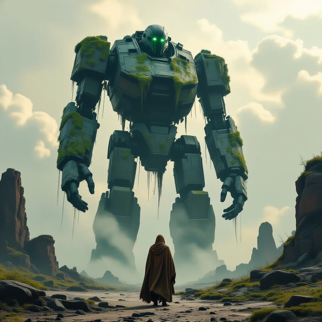 Ancient Robot Statue in Desolate Landscape