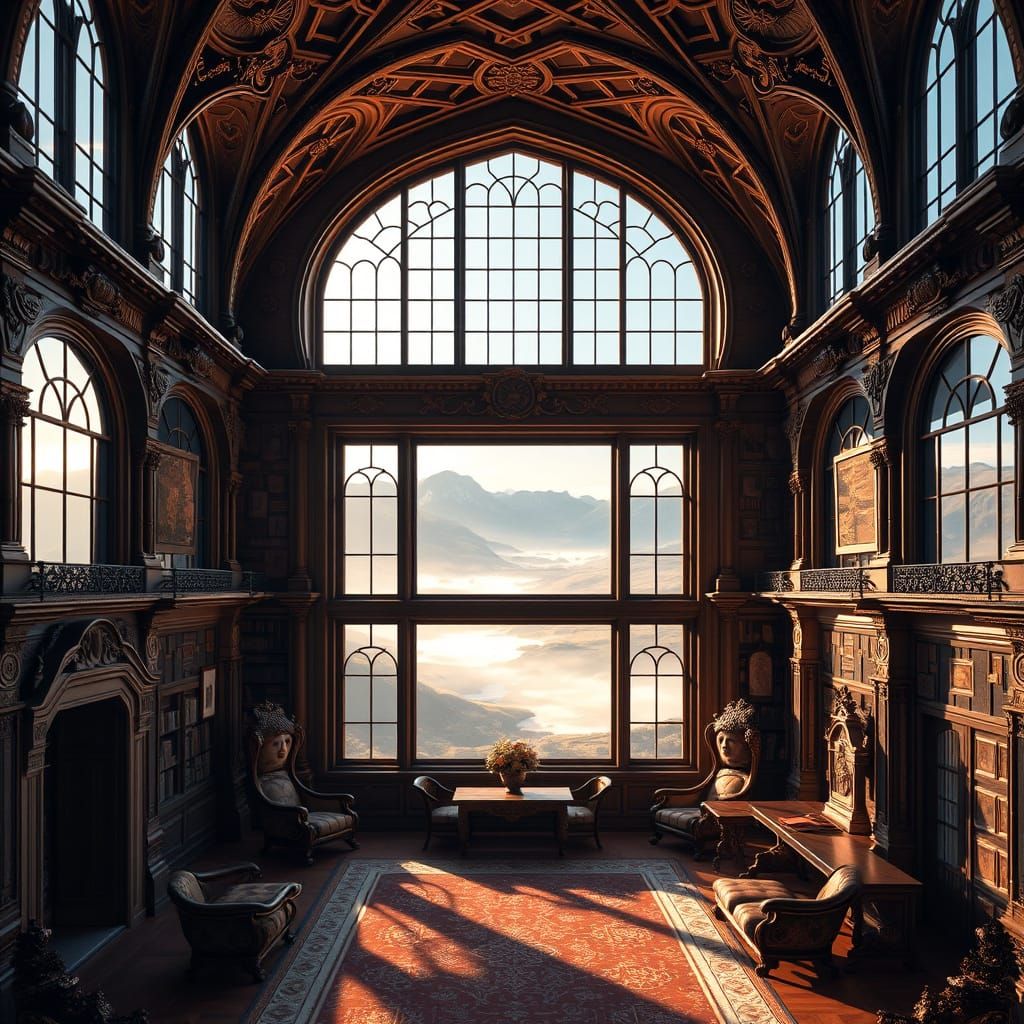 Elegant Grand Library with Scottish Highlands View