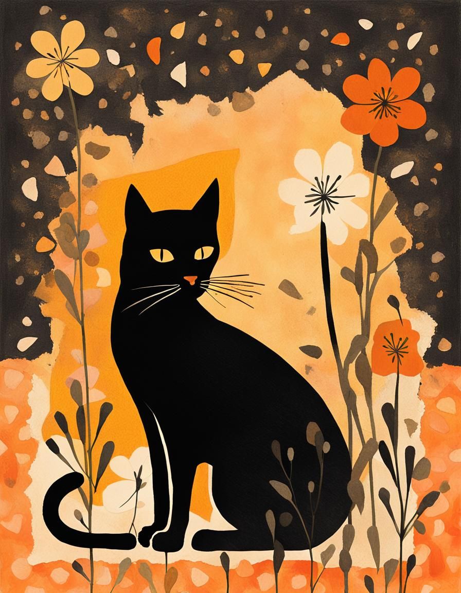 Black Cat with Flowers in Matisse Style