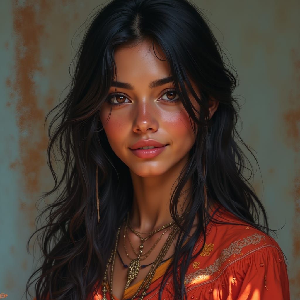 Native American Woman with Curious Eyes and Timid Smile in I...