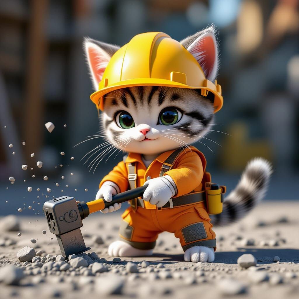 Cute Baby Cat in Construction Suit with Jackhammer
