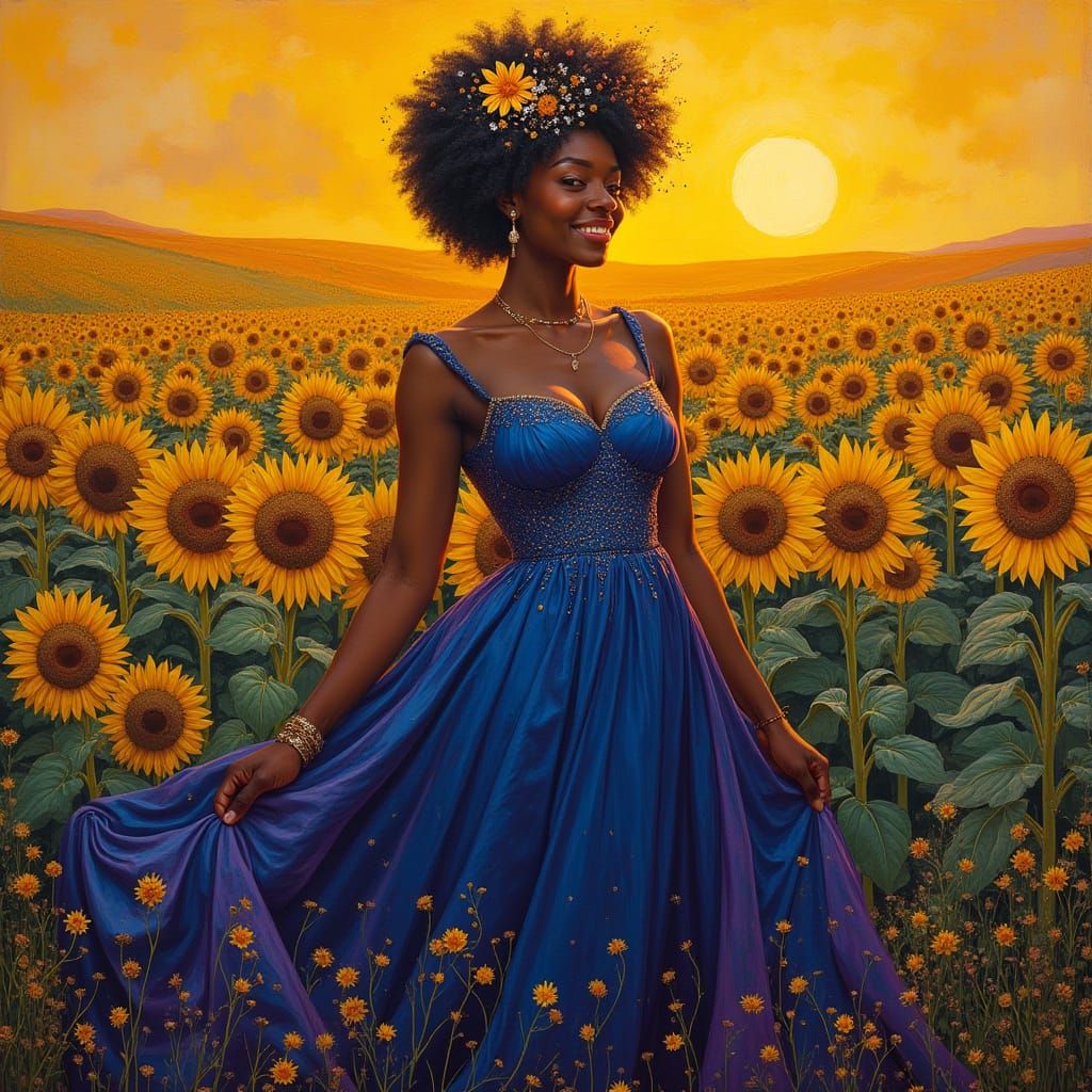 Black Woman in Sunflower Field: Klimt-Inspired Portrait