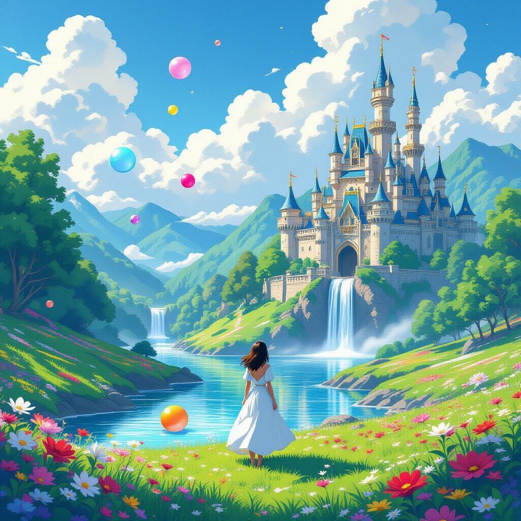 Fantasy Realm with Orbs and Lush Landscape