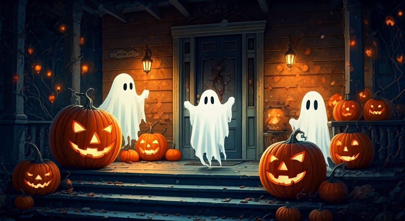 Ghosts Playing on Porch in Watercolor Ink Splatter Art