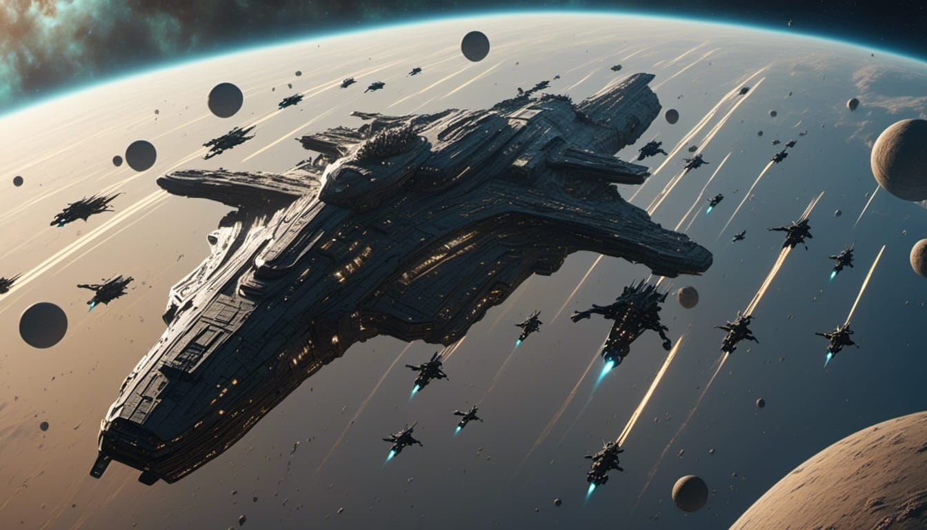 Futuristic Space Fleet Hovering Above Earth-like Planet