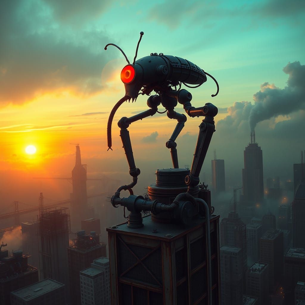 Gothic Robot Surveying a Cyberpunk Metropolis