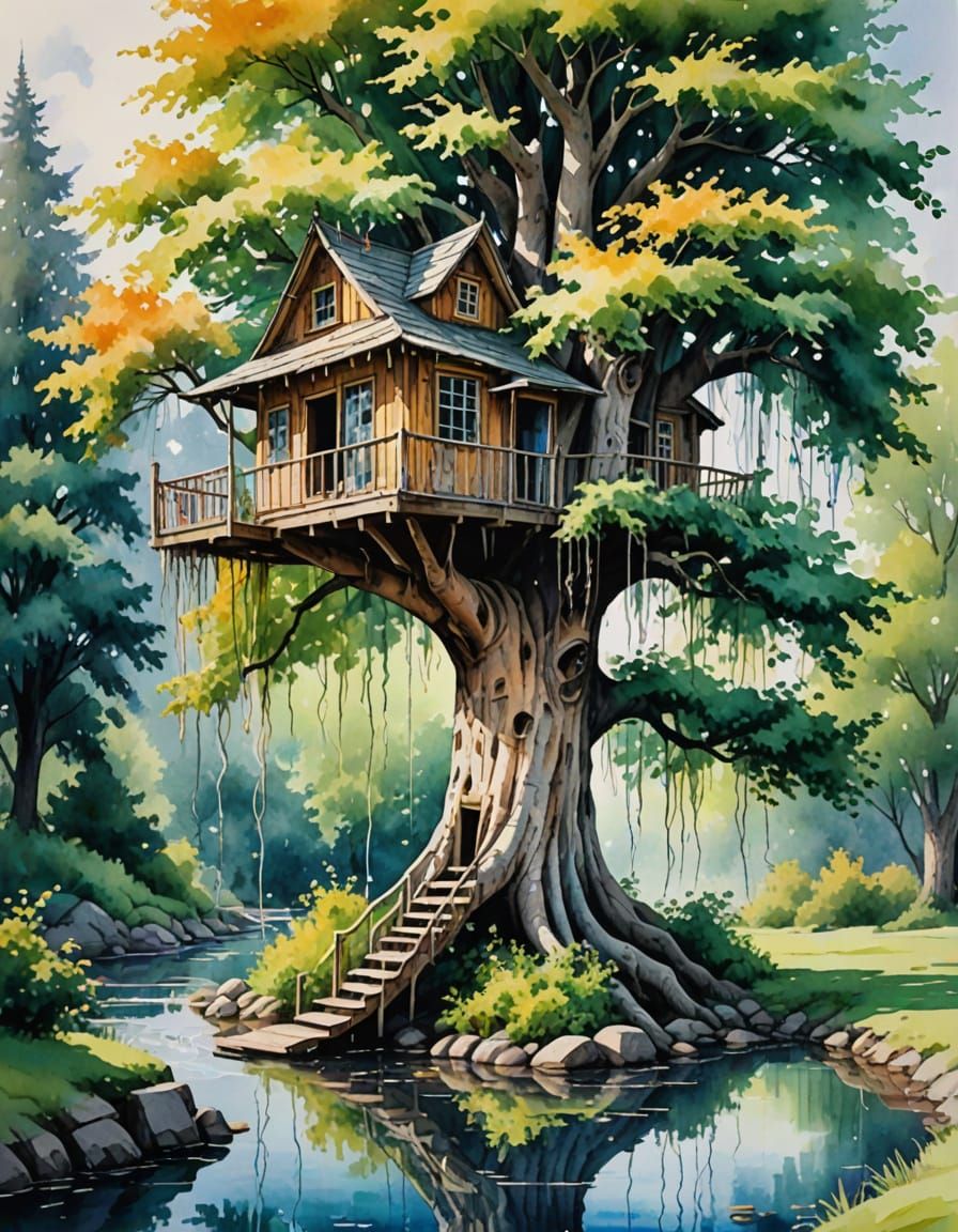 Whimsical Watercolor Envisioning Ancient Birch Tree and Ench...