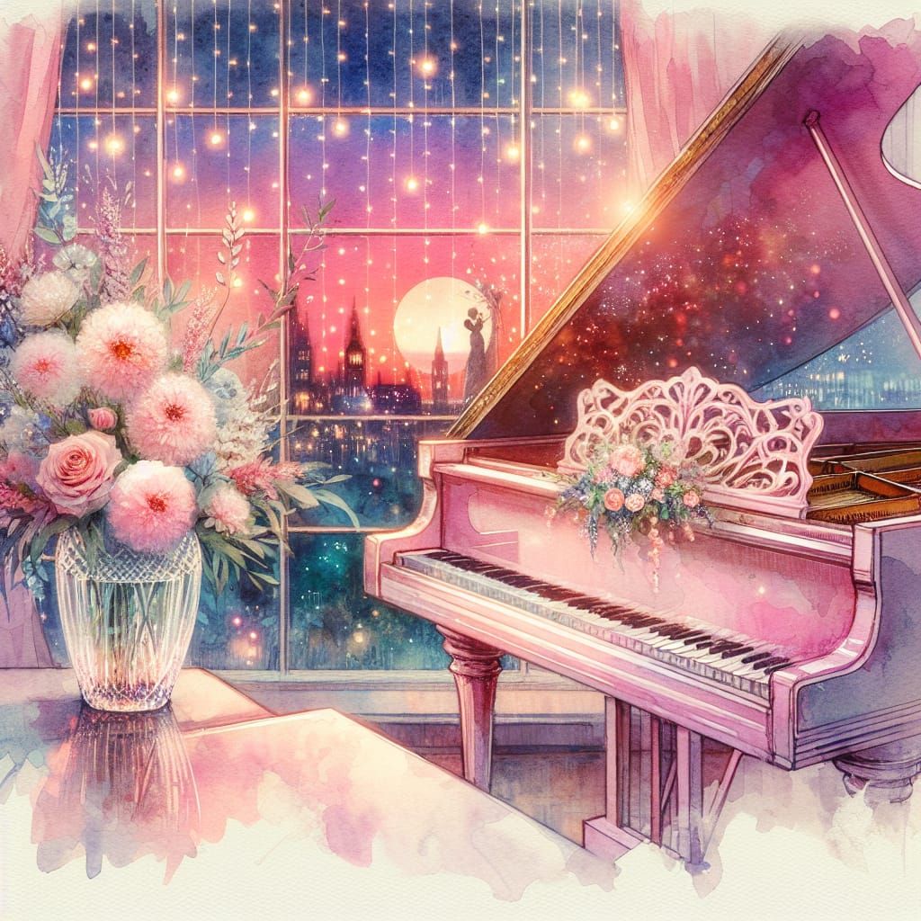 Romantic Evening: Crystal Piano in Watercolor Style