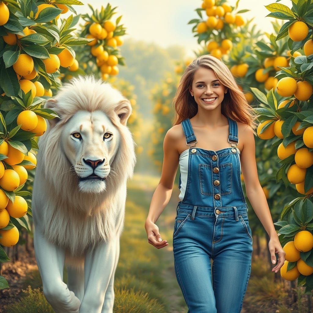 A Young Woman and White Lion Stroll in a Vibrant Lemon Farm