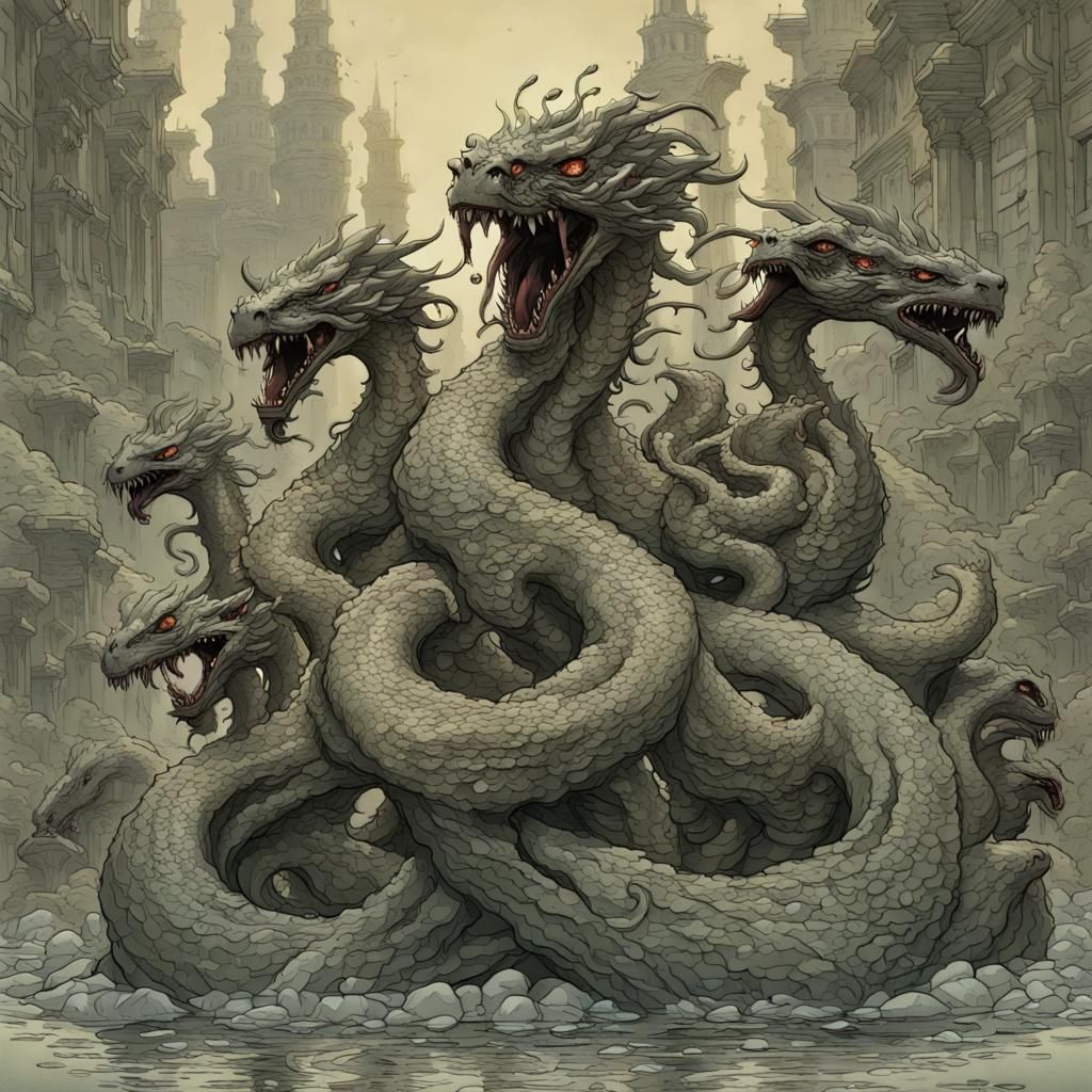 Four-Headed Hydra Roaring at Knight in Biopunk Style