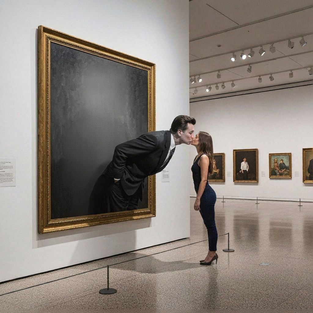 Man Steps Out of Painting to Kiss Woman