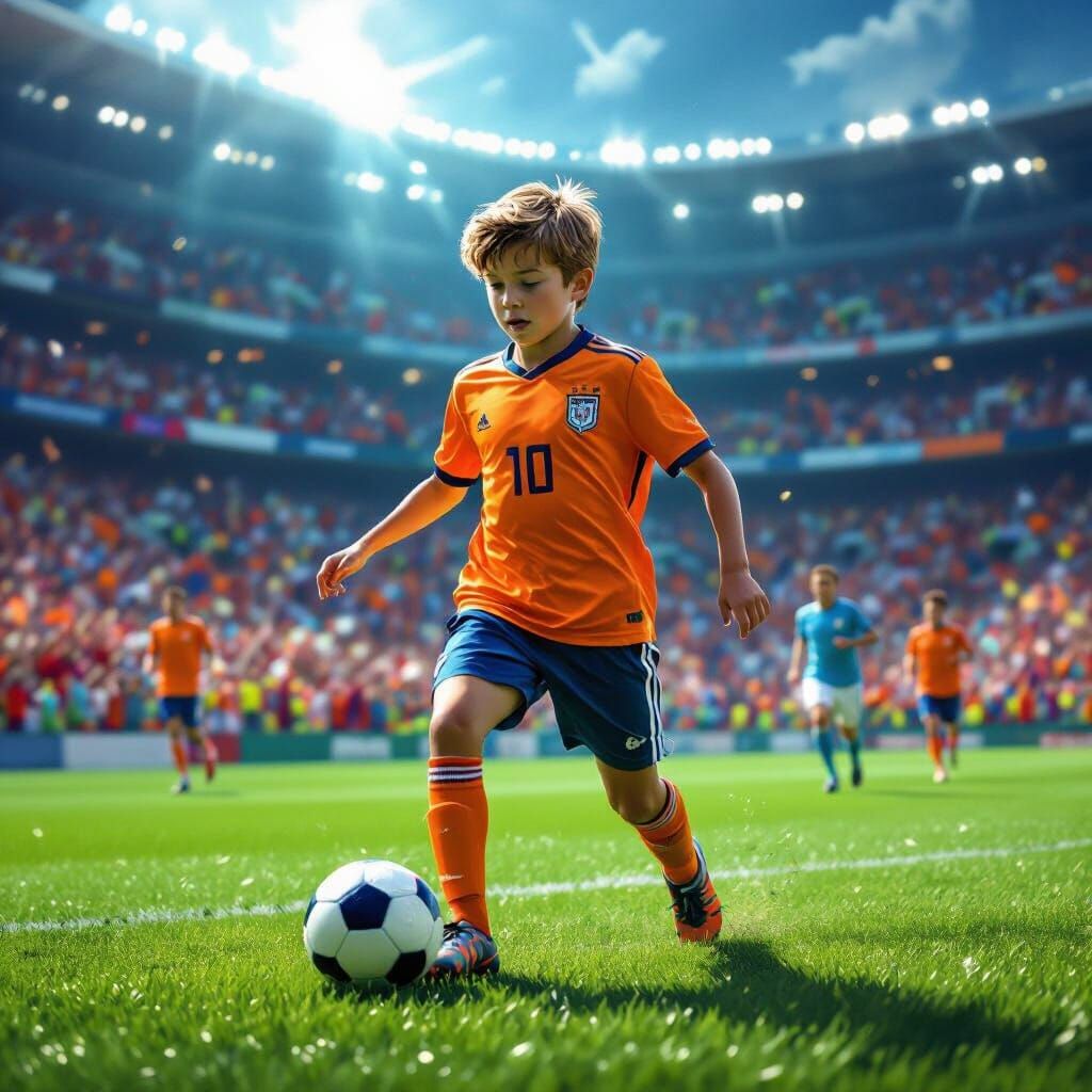 Boy Plays Soccer in Stadium: Digital Art