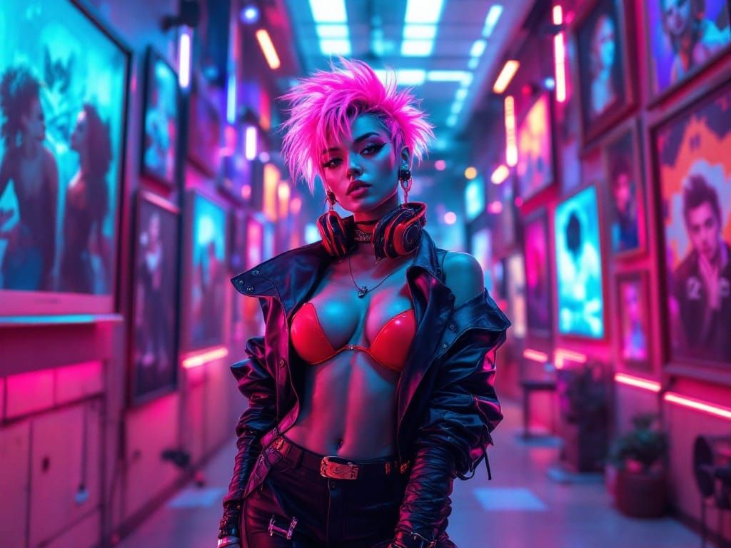 Confident Model Poses in Vibrant Cyberpunk Gallery