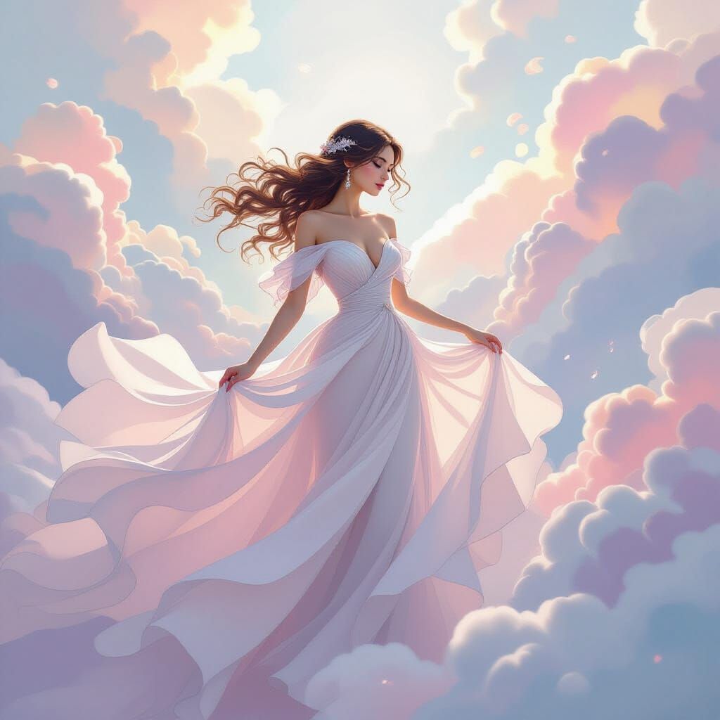 Ethereal Woman in Flowing Gown with Swirling Clouds