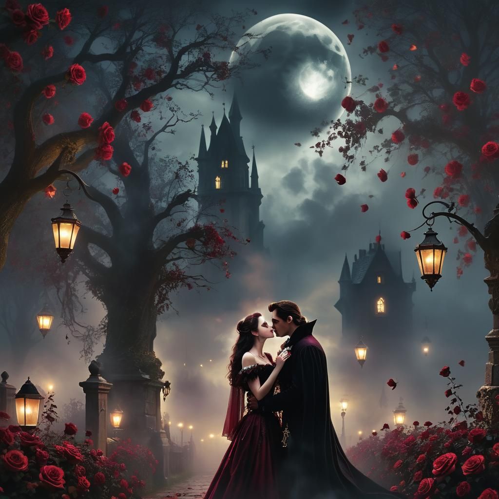 Romantic Vampire Kiss in Gothic Setting
