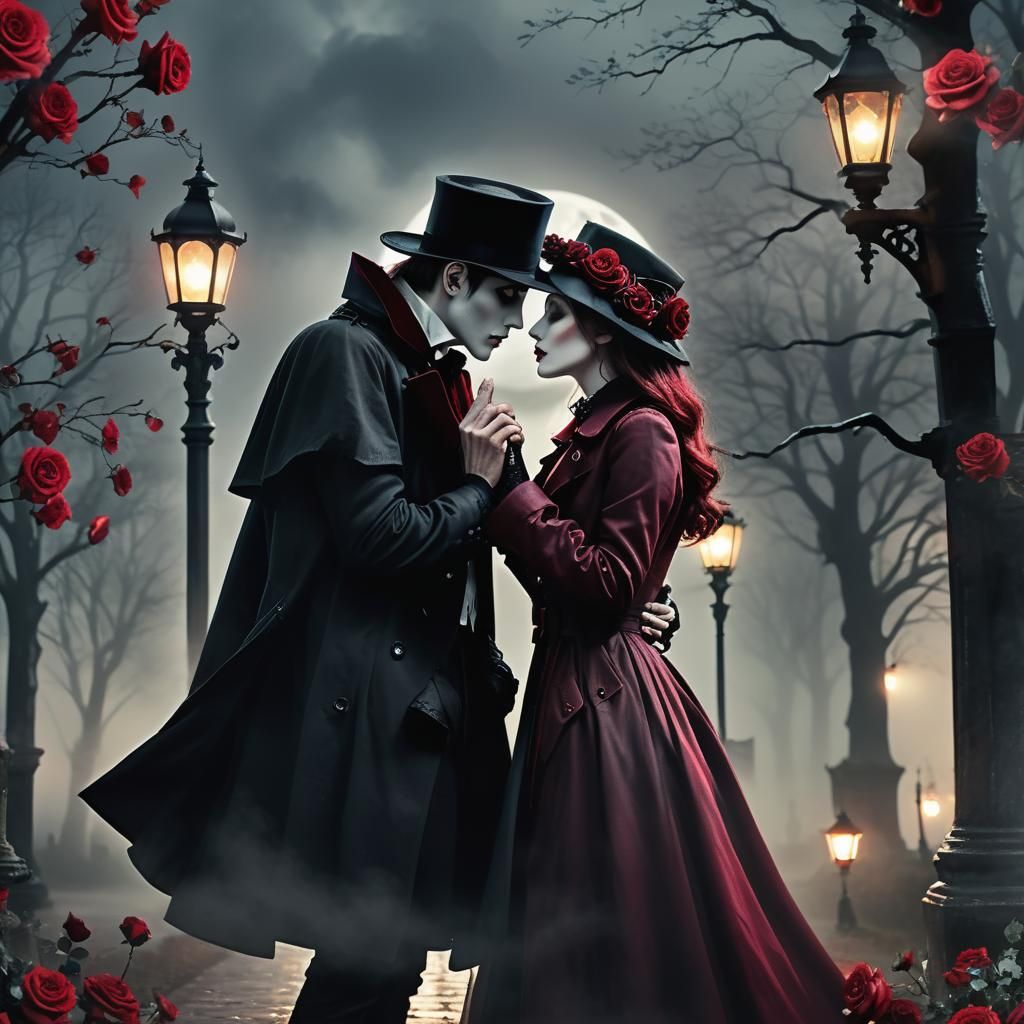Gothic Vampire Kiss in Romantic Moonlight