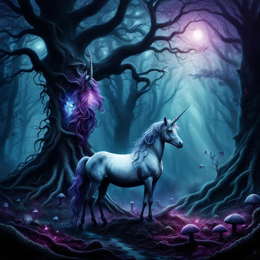 Unicorn and Fairy in Haunted Forest: Dark Fantasy