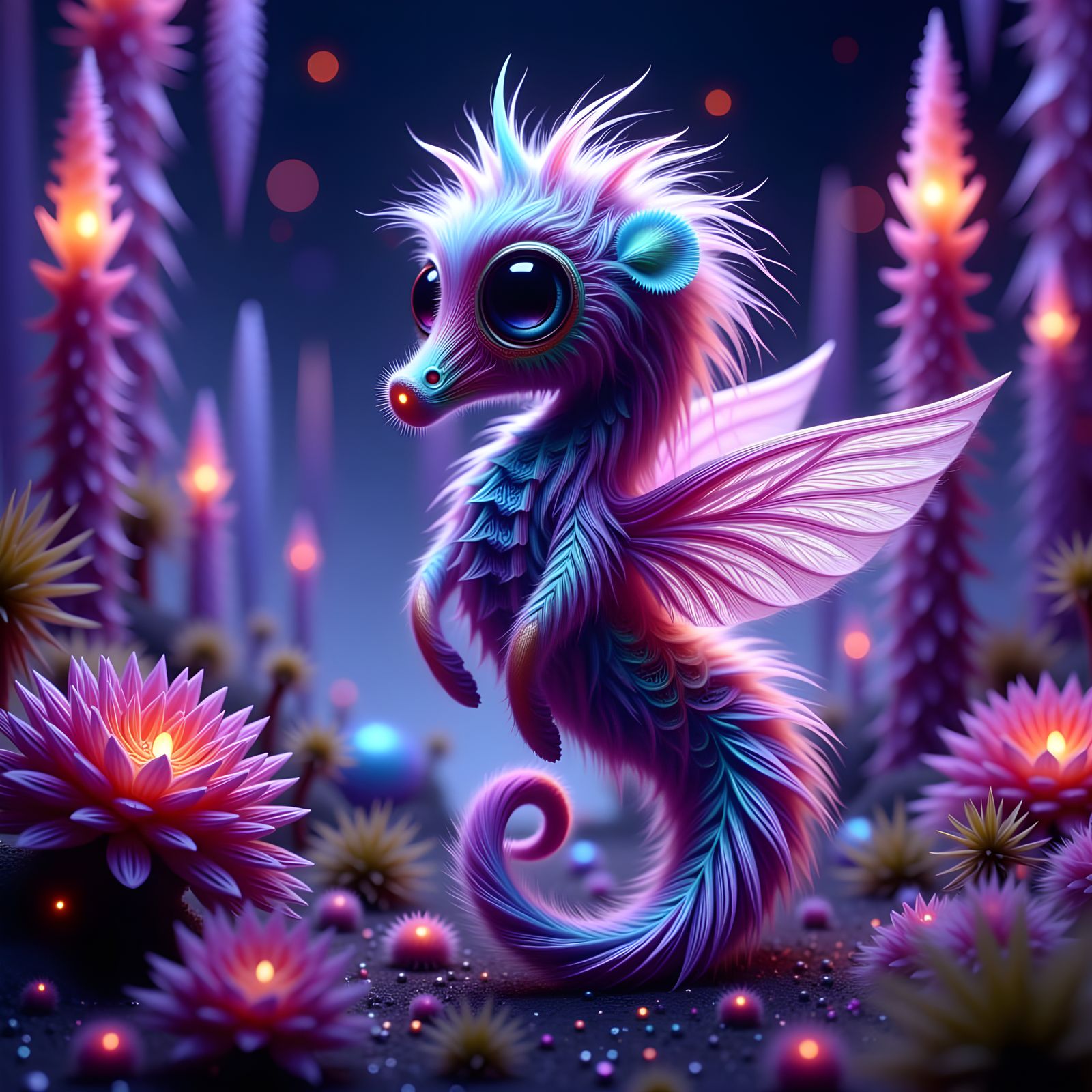 Glowing, Iridescent Seahorse with Wings in an Otherworldly G...