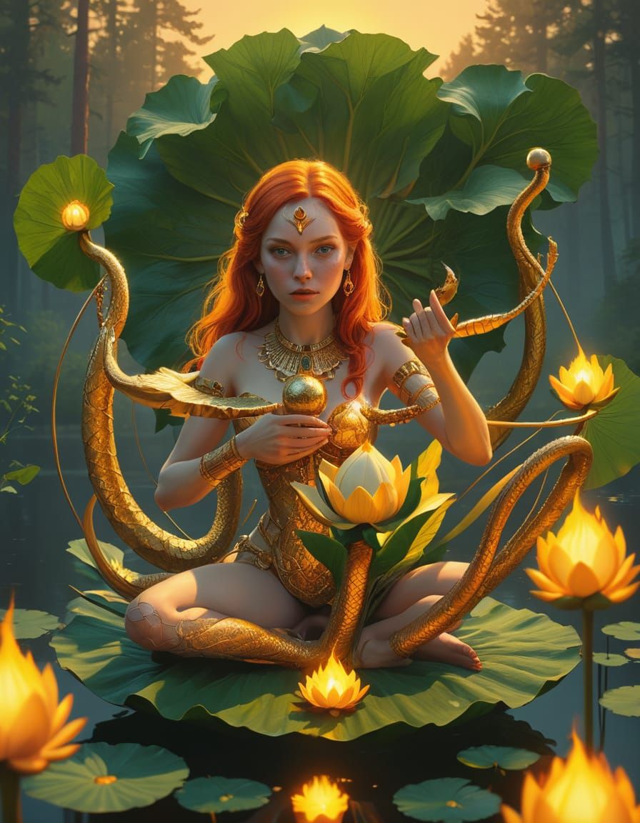 Vibrant Goddess Sits on Golden Lotus in Realistic Digital Ar...