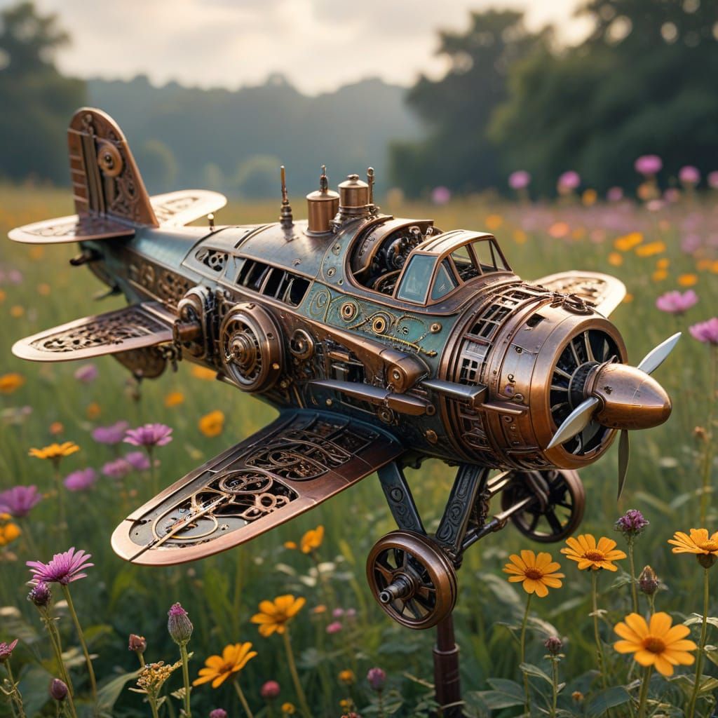 Steampunk Airplane in Whimsical Flower Meadow
