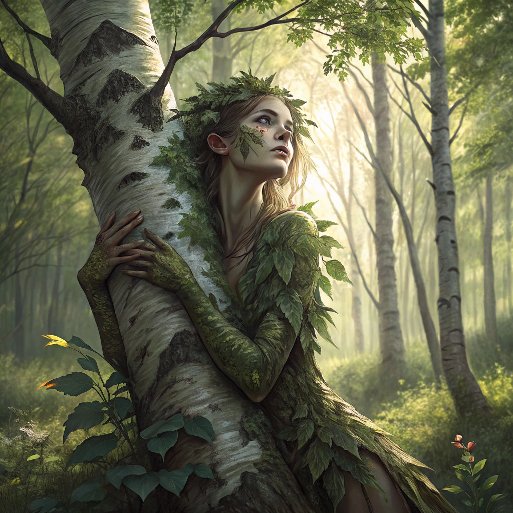 Fae Dryad Emerges from Birch Tree