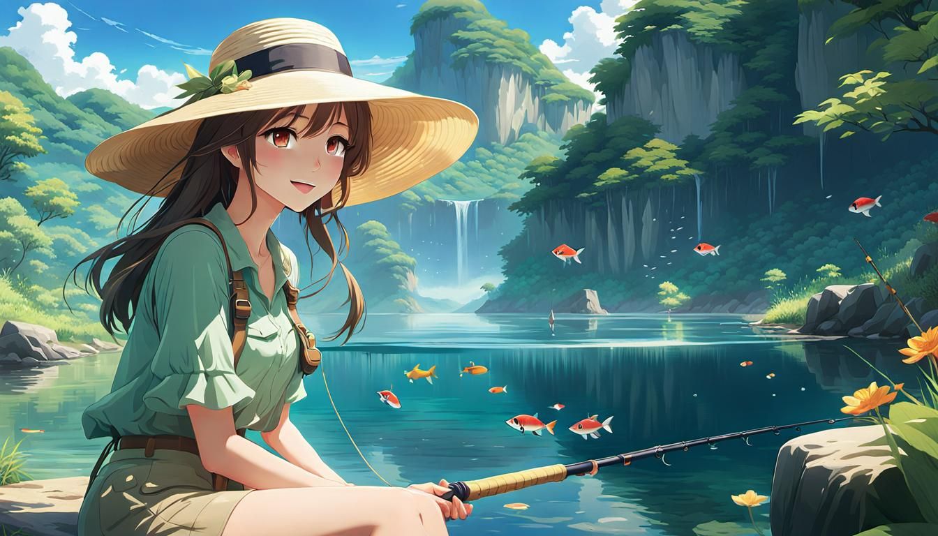 A cute young woman wears a big hat in summer