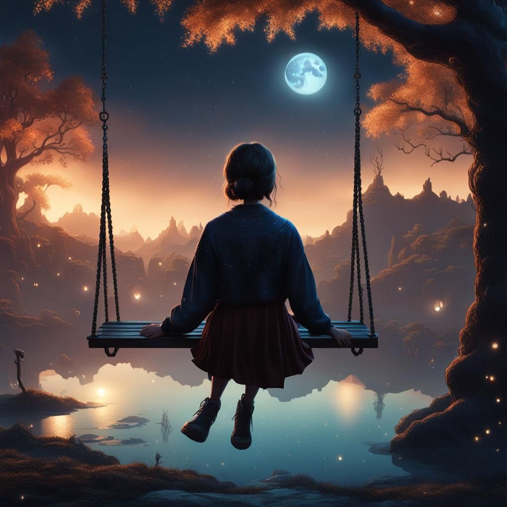 Woman on Swing in Moonlight: Fantasy Concept Art