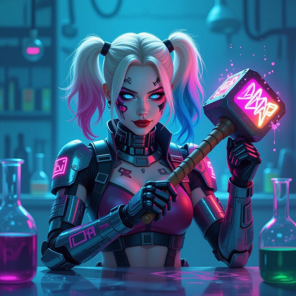Cyborg Harley Quinn in a Neon Lab, Digital Art