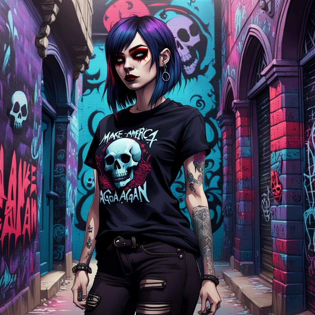 Emo Cartoon Girl in Dark Fantasy Graffiti Scene