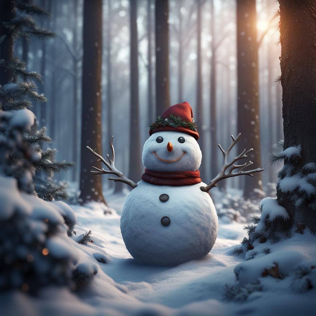 Christmas Snowman in Woods: Fantasy Concept Art