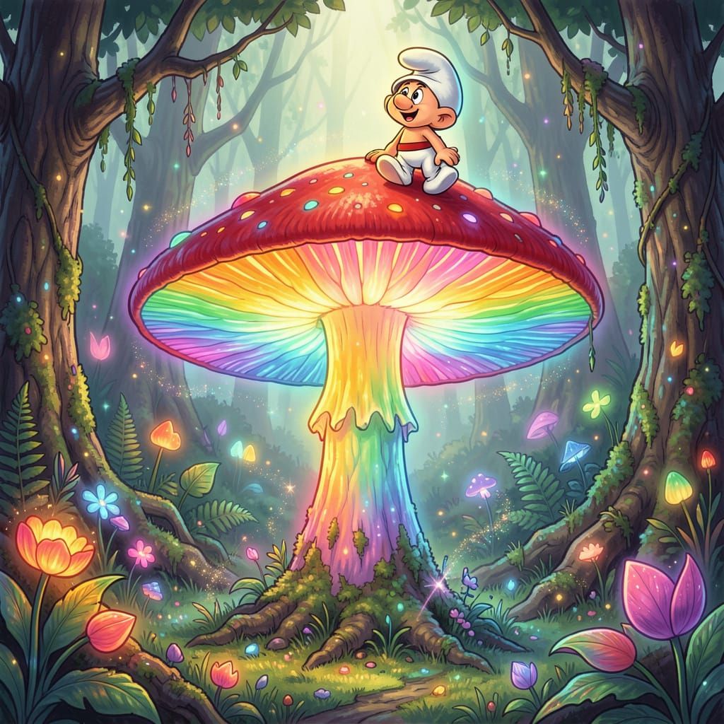 Giant Rainbow Mushroom With Smurf on Psychedelic Journey