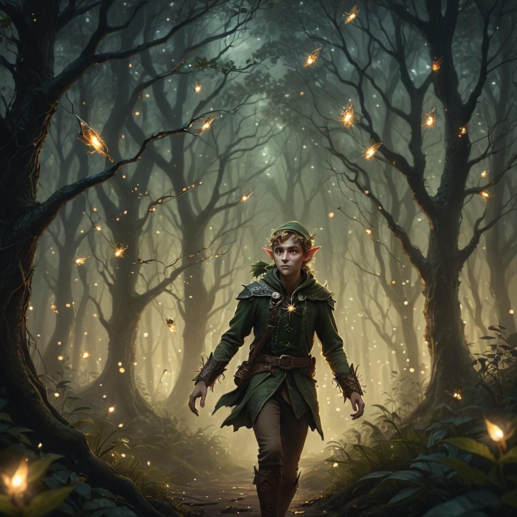 Elf Walks in Misty Forest: Dark Fantasy Illustration
