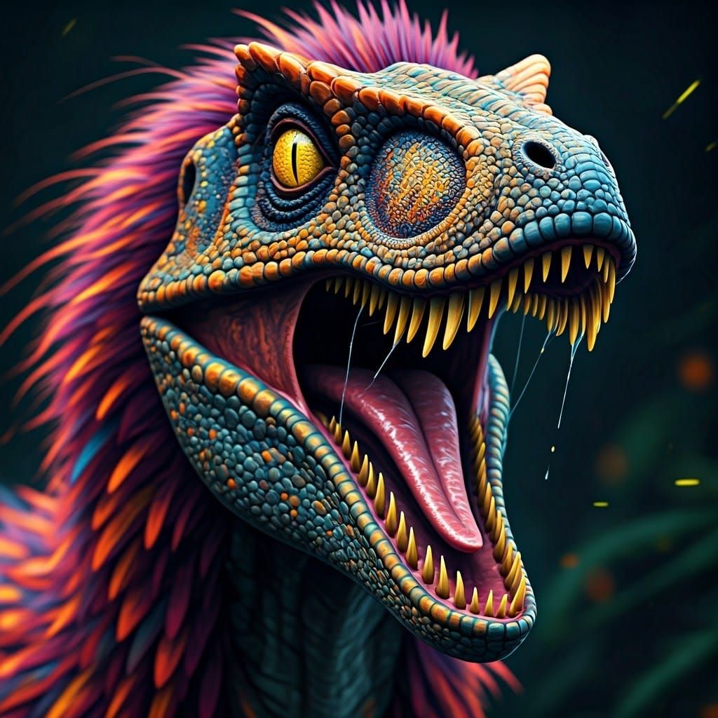 Psychedelic Velociraptor Close-Up with Neon Feathers and Bla...