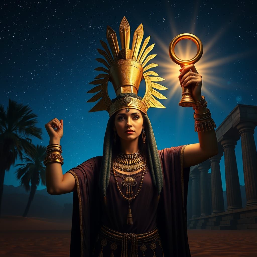 Egyptian Priestess Channels Ancient Power Under Starry Night