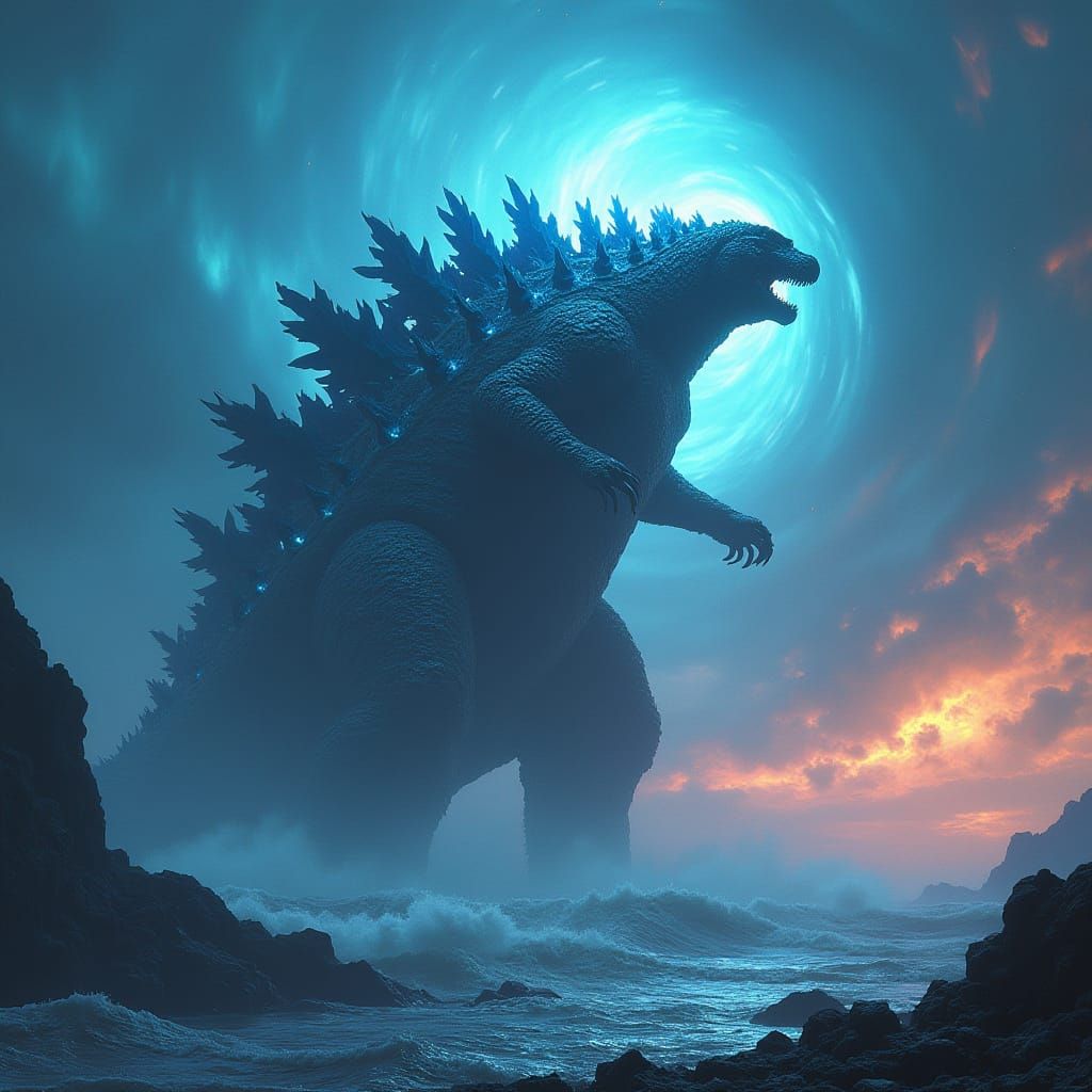 Mecha Godzilla Emerges from the Depths in Cyberpunk Style